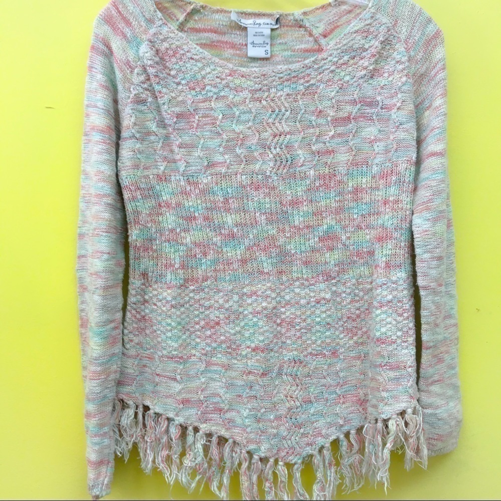 American Rag Cie Fringe boho multicolor pastel rainbow sweater pullover small - Picture 6 of 6